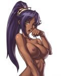  1girl abs big_breasts bleach breasts bust clavicle curvaceous dark_skin fang fist huge_breasts large_breasts long_hair mcbena navel nipples nude open_mouth oppai ponytail purple_hair shihouin_yoruichi simple_background solo speh toned white_background wink yawn yawning yellow_eyes 