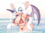  anthro ass bat big_breasts bikini blue_eyes blush breasts butt coralribbons eyeshadow female happy hot huge_breasts lips looking_at_viewer makeup rouge_the_bat sega smile solo sonic_(series) tight_clothing water wet wings 