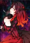  1girl big_breasts blush breasts choker cleavage demon_girl dress fur_trim horns large_breasts long_hair looking_at_viewer maou_(maoyuu) maoyuu_maou_yuusha open_mouth red_eyes red_hair sexually_suggestive solo suggestive_fluid super_zombie tongue 