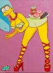 1girl artist_name beer bent_over blue_hair breasts cleavage doughnut green_dress high_heels knee_high legs looking_at_viewer marge_simpson milf necklace remote sexy slut smile the_simpsons yellow_skin