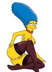  1girl areola ass blue_hair breasts exposed_pussy hips legs looking_at_viewer marge_simpson milf necklace nude pantyhose pussy sexy sitting slut smile the_simpsons thigh_highs thighs yellow_skin 