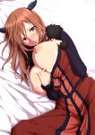  1girl big_breasts blush breasts breasts_outside brown_hair clearite dress fur_trim horns large_breasts long_hair looking_at_viewer lying maou_(maoyuu) maoyuu_maou_yuusha nipples on_side parted_lips puffy_nipples red_eyes red_hair shiny shiny_skin solo 