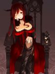   1girl big_breasts black_legwear blush boots breasts chair cleavage fur_trim high_res horns lips long_hair looking_at_viewer maou_(maoyuu) maoyuu_maou_yuusha miso_ni red_eyes red_hair sitting smile solo stockings wink  