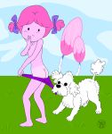  adventure_time ass ass_crack bikini breasts coppertone dog embarrassing looking_back looking_down pink_hair pink_skin princess_bubblegum small_breasts tan tan_line topless twin_tails 