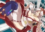  1girl bare_shoulders big_breasts braid breasts bursting_breasts cleavage cup fasad_29 hat ishida_baru jewelry large_breasts legs long_hair necklace open_mouth red_eyes sengoku_collection side_slit smile solo stockings takeda_shingen_(sengoku_collection) teacup thighhighs thighs twin_braids white_hair white_legwear 