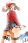  1girl ass blush brown_hair from_behind hat huge_ass kotone_(pokemon) marill pokemon pokemon_(game) pokemon_hgss shiny shiny_skin shorts solo standing suspenders wide_hips 