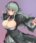  1girl areola areola_slip areolae big_breasts breasts bursting_breasts cleavage detached_collar dress green_hair grey_hair headdress huge_breasts large_breasts lips long_hair outstretched_arms purple_background red_eyes rozen_maiden rozenweapon simple_background smile solo spread_arms suigintou tsuda_nanafushi 