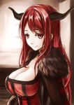  1girl argyle breasts cleavage fur_trim horns huge_breasts hyp long_hair looking_at_viewer maou_(maoyuu) maoyuu_maou_yuusha red_eyes red_hair smile solo 