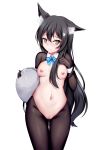  1girl animal_ear_fluff black_hair bowtie brown_eyes chrisandita closed_mouth embarrassed fox_girl high_resolution holding_object innie_pussy inverted_bunnysuit long_hair looking_at_viewer no_bra no_panties pantyhose pussy standing uncensored 