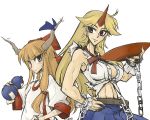  2girls abs back-to-back belt big_breasts blonde_hair bow breasts brown_eyes brown_hair chain chains cosplay costume_switch female flat_chest hair hair_bow horn horns hoshiguma_yuugi ibuki_suika large_breasts long_hair midriff multiple_girls muscle nagihito navel red_eyes ribbon shirt skirt small_breasts touhou 