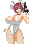  1girl animal_costume animal_ears bare_shoulders blue_eyes breasts bunny_costume bunny_ears bunny_girl bunnysuit cleavage curvy female fishnets gun huge_breasts musuka_(muska) red_hair short_hair simple_background solo standing thighs weapon white_background 
