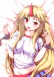  1girl blonde_hair blush breasts chain chains cuffs female groin horn hoshiguma_yuugi long_hair looking_at_viewer lying manacles merry_(diameri) mound_of_venus on_back on_bed red_eyes short_sleeves skirt solo star touhou 