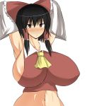  1girl areola areola_slip areolae armpits arms_behind_head bare_shoulders black_hair breasts curvy detached_sleeves erect_nipples female hair_ornament hair_ribbon hair_tubes hakurei_reimu hands_behind_head huge_breasts japanese_clothes miko musuka_(muska) navel red_eyes ribbon short_hair sideboob simple_background solo standing touhou upper_body white_background 
