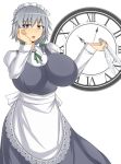  1girl braid braids breasts clock female huge_breasts izayoi_sakuya knife maid maid_headdress musuka_(muska) open_mouth short_hair silver_eyes silver_hair simple_background solo standing touhou weapon white_background 