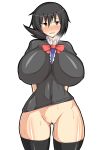  1girl black_hair black_legwear black_thighhighs bottomless breasts curvy erect_nipples female houjuu_nue huge_breasts musuka_(muska) navel no_panties pussy red_eyes shirt short_hair simple_background solo standing stockings sweat thighhighs touhou uncensored white_background wide_hips 