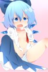  1girl akisha bad_id blue_eyes blue_hair blush bow cirno collarbone fang hair_bow navel open_clothes open_mouth open_shirt panties pink_background shirt solo striped striped_panties touhou underwear wardrobe_malfunction wings 