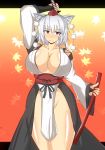  1girl animal_ears bare_shoulders breasts cat_ears cleavage curvy detached_sleeves female hat huge_breasts inubashiri_momiji japanese_clothes kimono mound_of_venus musuka_(muska) no_bra no_panties red_eyes short_hair solo standing sword thighs touhou weapon white_hair wolf_ears 