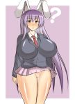  1girl :o ? animal_ears breasts breath bunny_ears female huge_breasts long_hair miniskirt musuka_(muska) neck_tie necktie no_panties open_mouth purple_hair pussy pussy_peek red_eyes reisen_udongein_inaba shirt simple_background skirt skirt_flip solo standing sweat thighs tie touhou uncensored very_long_hair white_border 