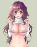  1girl bad_id big_breasts bikini_top bottomless breasts brown_hair cleavage female gradient_hair grey_background hijiri_byakuren huge_breasts large_breasts long_hair looking_at_viewer multicolored_hair myg navel open_mouth out-of-frame_censoring purple_hair shiny shiny_skin shirt_lift simple_background skindentation smile solo sweater sweater_lift top_lift touhou turtleneck yellow_eyes 