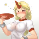  1girl aaaa big_breasts blonde_hair blush breasts cuffs drunk erect_nipples hiccup high_res horn hoshiguma_yuugi impossible_clothes impossible_shirt long_hair manacles pointy_ears red_eyes sakazuki sake see-through shirt solo touhou wet wet_clothes wet_shirt 