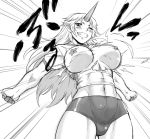  abs big_breasts breasts bursting_breasts dr.p gym_uniform horns hoshiguma_yuugi long_hair monochrome muscle oni pasties pointy_ears torn_clothes touhou 