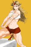  &gt;:) 1girl abs blonde_hair crop_top earrings female hands_clasped horn hoshiguma_yuugi jewelry long_hair looking_at_viewer midriff muscle muscular_female nail_polish navel no_socks pointy_ears red_eyes shoes short_shorts shorts simple_background sneakers solo stretch touhou tsurui unzipped yellow_background 
