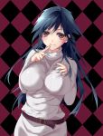  1girl ahoge argyle argyle_background bad_id belt big_breasts black_hair blush breasts finger_to_mouth highres large_breasts long_hair mole myg original red_eyes ribbed_sweater smile solo sweater 