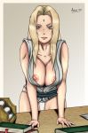  1girl areola areolae big_breasts blonde_hair book breast_squeeze breasts brown_eyes facial_mark grey_background highres huge_breasts legs long_hair looking_at_viewer naruto niicko ninja nipples no_bra open_clothes panties simple_background smile solo standing table thighs tsunade underwear white_border yellow_eyes 
