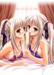  2girls absurd_res bare_shoulders bikini blue_eyes blush breasts cleavage collarbone frilled_bikini frills hair hair_ribbon halftone high_res kannatsuki_noboru long_hair looking_at_viewer lying multiple_girls on_stomach original ponytail popsicle ribbon scan sexually_suggestive silver_hair swimsuit tongue twin_tails 