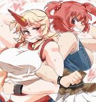  2girls big_breasts blonde_hair blush breasts eyebrows female grin hair hair_bobbles hair_ornament heart horn hoshiguma_yuugi iroyopon large_breasts multiple_girls muscle onozuka_komachi red_eyes red_hair smile sweat touhou twin_tails twintails wink 