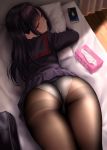  1girl ass ass_focus bed brown_legwear clothed clothed_female eyebrows_visible_through_hair high_resolution indoors kase_daiki long_hair looking_at_viewer looking_back lying non-nude on_bed on_stomach original panties_under_pantyhose purple_eyes school_bag school_uniform sidelocks skirt_lift smartphone viewed_from_above white_underwear 