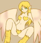 1girl atlus avian blonde_hair breasts claws european_mythology feathered_wings feathers female greek_mythology green_eyes hair happy harpy humanoid humanoid_pointy_ears long_hair looking_at_viewer megami_tensei monster_girl mythological_avian mythology naturally_censored navel nollety nore nude pubes shin_megami_tensei simple_background solo spread_legs spreading video_games wings