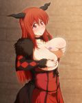  1girl breast_hold breast_squeeze breasts breasts_outside covering covering_breasts demon_girl female holding_breasts horns huge_breasts long_hair maou_(maoyuu) maoyuu_maou_yuusha ponpo ponponmaru red_eyes red_hair solo solo_female standing tattoo 
