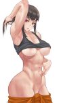  1girl 1girl 1girl abs areola areola_slip armpits big_breasts black_hair black_shirt black_tank_top breasts fire_force groin hand_on_own_stomach hand_on_stomach high_resolution long_hair looking_at_viewer maki_oze navel no_bra nopan parted_lips red_eyes shirt shirt_lift sweat tank_top thighs white_background zefrableu 