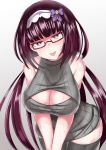  1girl bare_shoulders bent_over black_hair black_legwear black_sweater breasts cleavage cleavage_cutout dress fate/grand_order fate_(series) glasses hairband head_tilt large_breasts leaning_forward long_hair open-chest_sweater osakabehime_(fate) purple_eyes ribbed_sweater semi-rimless_glasses sleeveless sleeveless_turtleneck sweat sweater sweater_dress thighhighs thighs tongue tongue_out very_long_hair 