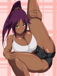  1girl big_breasts bleach breasts dark_skin flexible large_breasts mugen_kainyuu ponytail pose posing purple_hair revolve shihouin_yoruichi smile 