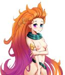  1girl 1girl blue_eyes blush braid breasts contentious_content heterochromia high_resolution league_of_legends light-skinned light-skinned_female long_hair looking_at_viewer mostly_nude nipples orange_hair partially_clothed purple_eyes small_breasts tied_hair zoe_(league_of_legends) 