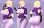  1girl ass black_gloves blonde_hair blush bootijuse breasts cleavage cleavage_cutout closed_eyes earrings elbow_gloves female_only glasses gloves glynda_goodwitch grabbing_own_ass green_eyes hand_on_hip huge_ass huge_breasts jewelry looking_at_viewer looking_back rwby smile thick_thighs wide_hips 