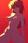  1girl 1girl 1girl asuka_langley asuka_langley_souryuu big_breasts blue_eyes breasts eyebrows_visible_through_hair gradient hair_ornament high_resolution interface_headset long_hair naughty_face navel neon_genesis_evangelion nipples nude one_eye_closed playzholder pubic_hair pussy red_background shiny shiny_skin simple_background spread_legs teeth twitter_username two_side_up upper_body wink 