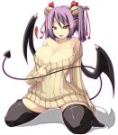 1girl areola_slip areolae bare_shoulders bat_wings big_breasts black_legwear black_thighhighs bottomless breasts cleavage curvy demon demon_girl demon_tail female hair_ornament happy heart highres hips horns huge_breasts kneeling looking_at_viewer monster_girl naked_sweater naughty_face no_pants off-shoulder_sweater open_mouth original pointy_ears psychedelic_g2 purple_hair red_eyes ribbed_sweater saliva shiki_(psychedelic_g2) short_hair simple_background smile solo spread_legs stockings succubus sweater tail thighhighs tongue virgin_killer_sweater white_background wide_hips wings zettai_ryouiki