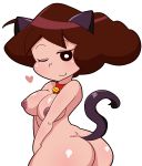 1girl animal_ears areolae ass bell blush breasts brown_hair cat_ears cat_tail collar crayon_shin-chan dark_nipples eyebrows fang hair heart highres lollipopcon looking_at_viewer milf nipples nohara_misae shiny shiny_skin solo source_request tail transparent_background wink