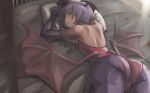  1girl ass back bare_back bat_print bed blush capcom demon_girl female happy head_wings lilith_aensland looking_back low_wings lying monster_girl on_stomach pantyhose pillow pink_eyes print_legwear print_pantyhose purple_hair short_hair shoulder_blades solo succubus sweat tea_(artist) tea_(nakenashi) vampire_(game) wings 