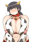   1girl absurd_res bare_shoulders bell black_eyes black_hair breast_squeeze breasts collar cow_girl cow_print detached_sleeves embarrassed plump female freckles horns huge_breasts long_hair original shimejix simple_background solo standing white_background  