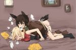  2girls animal_ears bed blonde blonde_hair blue_eyes blush brown_hair cheerleader chikiso closed_eyes clothed_sex doggy_position doggystyle dominica_s_gentile futa_with_female futanari hair implied_futanari intersex jacket jane_t_godfrey multiple_girls neck_tie necktie open_mouth sex skirt strike_witches tail text 