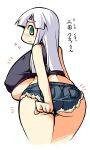  1girl ass breasts denim erect_nipples female from_behind gigantic_breasts green_eyes huge_ass jeans looking_back lowres midriff shorts silver_hair simple_background solo text thighs translation_request underboob ushi white_background wide_hips 