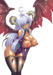  1girl ahoge aqua_eyes arched_back bad_id bat_wings bent_over black_legwear blue_hair blush breastless_clothes breastless_clothing breasts bursting_breasts cleavage copyright_request dark_skin demon_girl elbow_gloves gloves hakai_shin high_res highres horns huge_breasts leaning_forward long_hair monster_girl nipples puffy_nipples silver_hair simple_background skindentation solo stockings succubus tail thighhighs white_background wings 