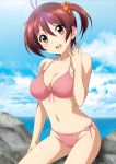  1girl :d alternate_breast_size big_breasts bikini blush breasts cleavage front-tie_top isshiki_akane large_breasts looking_at_viewer navel ocean open_mouth red_hair scrunchie sea short_hair side-tie_bikini sitting smile solo swimsuit twin_tails twintails uninigumi vividred_operation yellow_eyes 