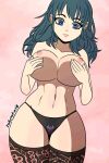  1girl bare_breasts bare_chest big_breasts black_panties blue_eyes bouncing_breasts breast_hold breasts byleth_(female) byleth_(fire_emblem) byleth_(fire_emblem)_(female) crest_(fe3h) expressionless female_focus female_only fire_emblem fire_emblem:_three_houses gif kinkymation leggings long_hair looking_at_viewer nintendo nipples panties pink_background solo_female solo_focus stockings tagme teal_hair topless video_game_character video_game_franchise 