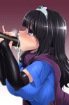  1girl black_eyes black_hair blush breasts dragon_quest dragon_quest_iii elbow_gloves food gloves gradient gradient_background hanauna heroine_(dq3) large_breasts long_hair sexually_suggestive shirt solo suggestive_fluid sweat taut_clothes taut_shirt tears tiara 