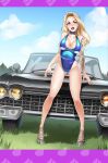 1girl big_breasts blonde_hair booty_calls breasts car just_lucy_(booty_calls) swimsuit 